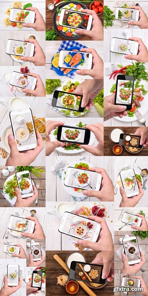 Hands taking photo mediterranean salad with smartphone 2