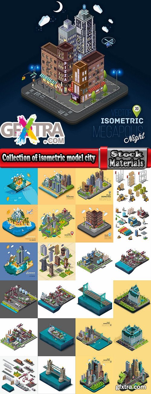 Collection of isometric model city building bridge factory ship transport 25 EPS
