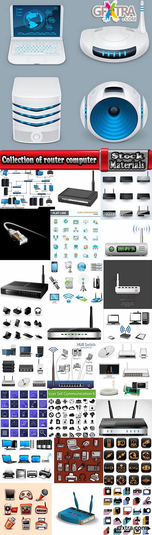 Collection of router computer office equipment accessories communication connection 25 EPS