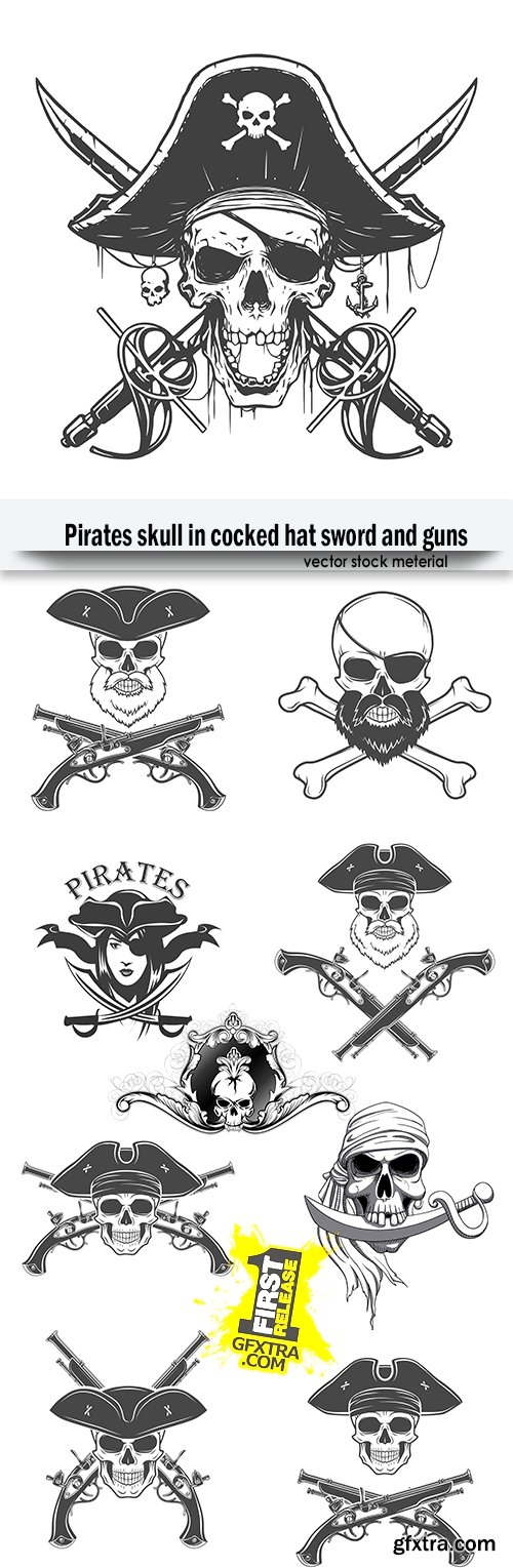 Pirates skull in cocked hat sword and guns