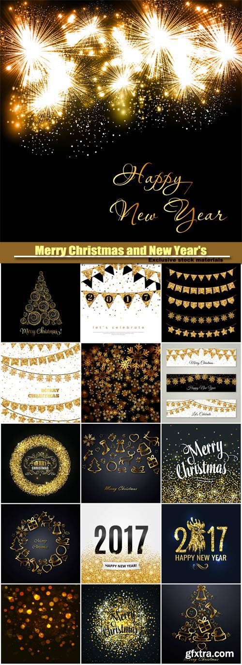 Merry Christmas and New Year\'s vector background, gold glitter design, snowflake on a dark background