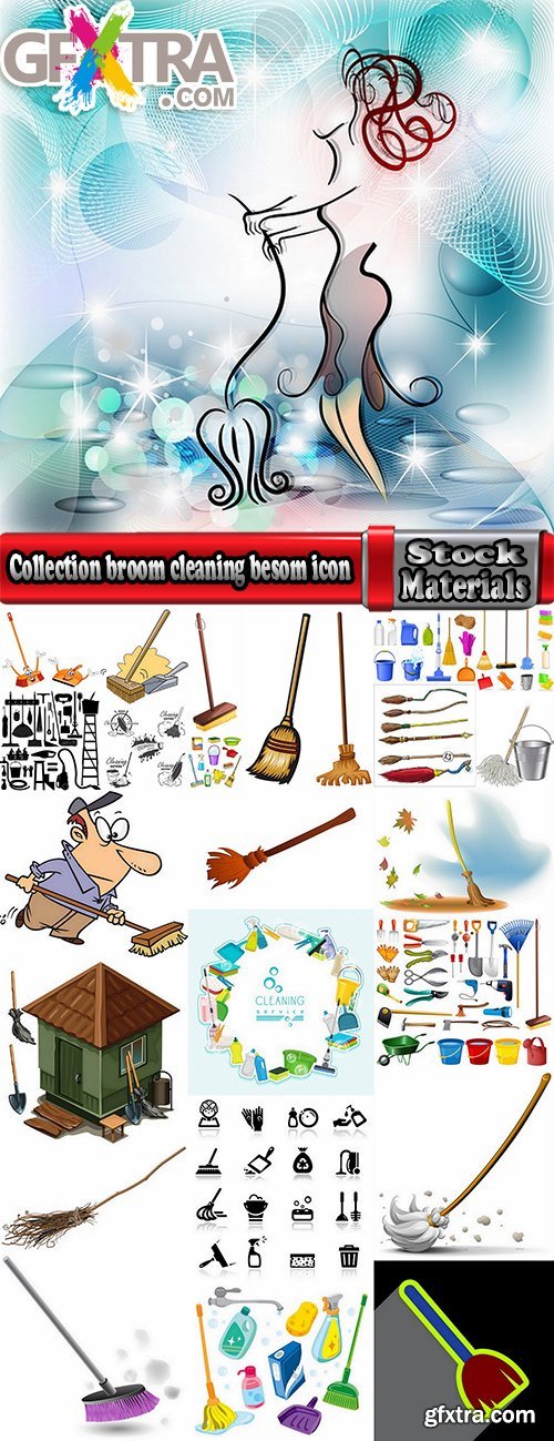 Collection broom cleaning besom icon 25 EPS