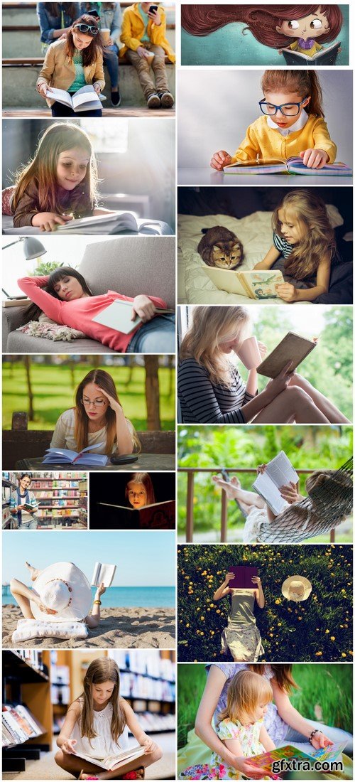 Girls Reading Books - 15x JPEGs