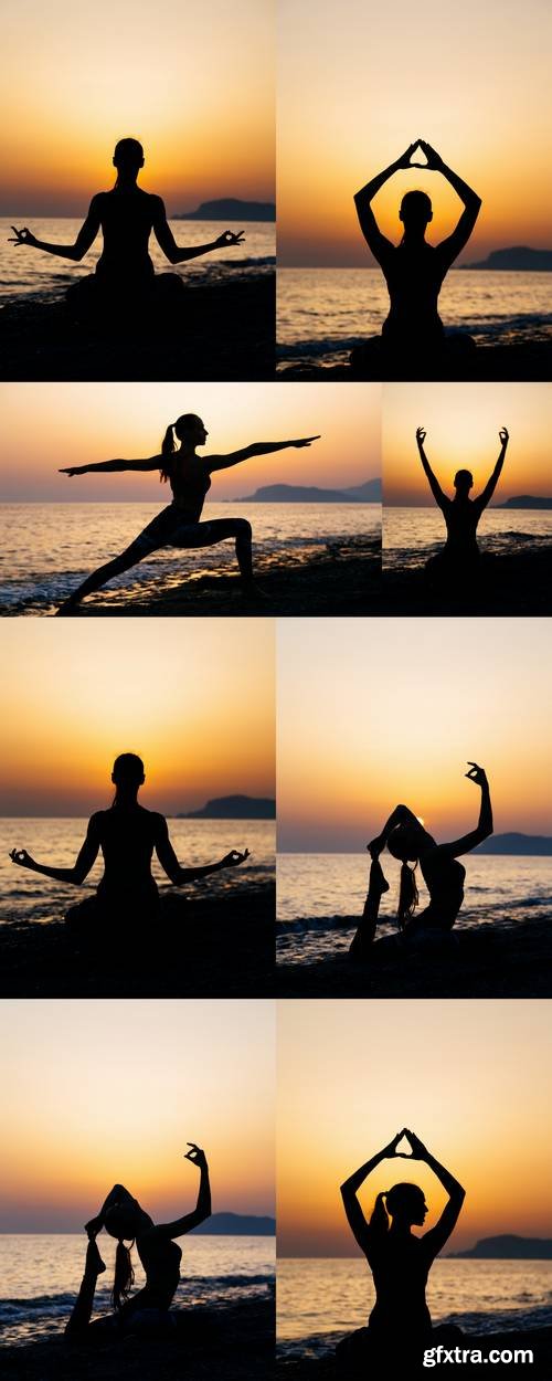 Young Healthy Woman Practicing Yoga on the Beach at Sunset