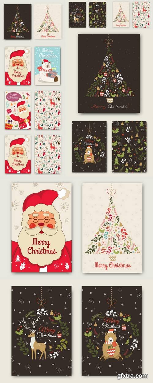 Happy New Year and Merry Christmas Vector Card & Patterns