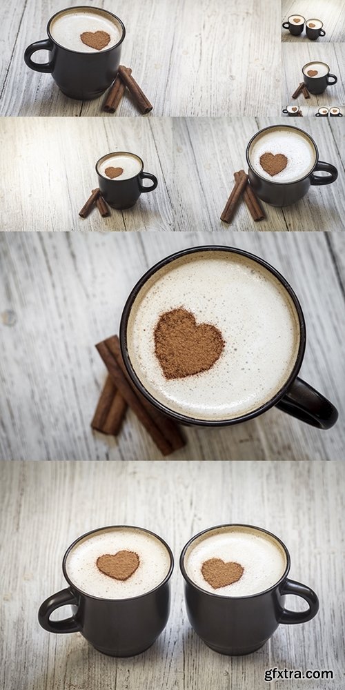 Coffee with cinnamon sticks and heart shape