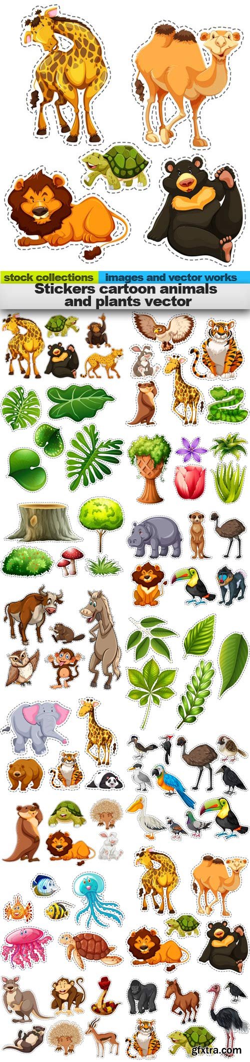 Stickers cartoon animals and plants vector, 15 x EPS