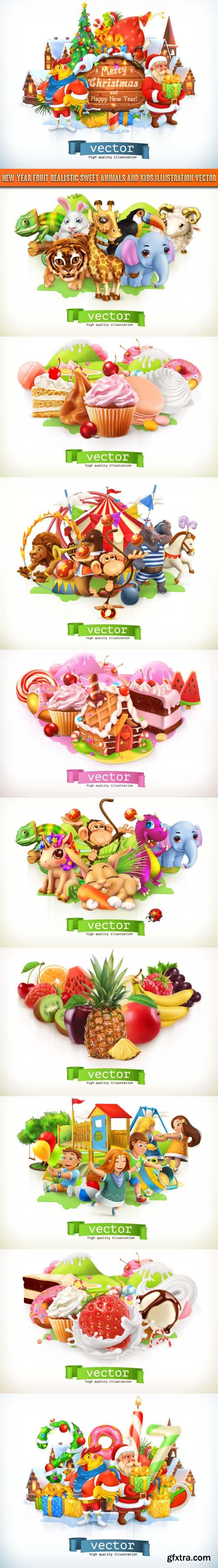 New Year fruit realistic sweet animals and kids illustration vector