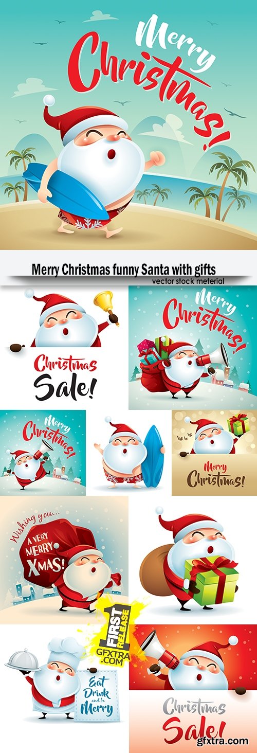 Merry Christmas funny Santa with gifts