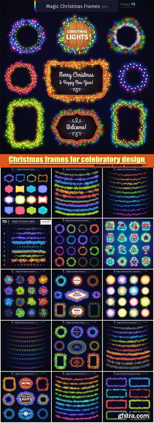 Christmas vector frames for celebratory design, colorful glowing garlands brushes