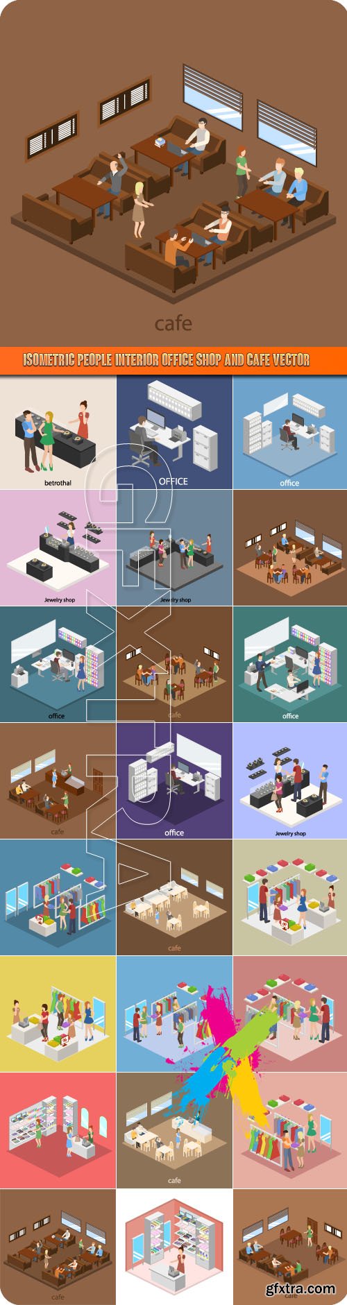 Isometric people interior office shop and cafe vector