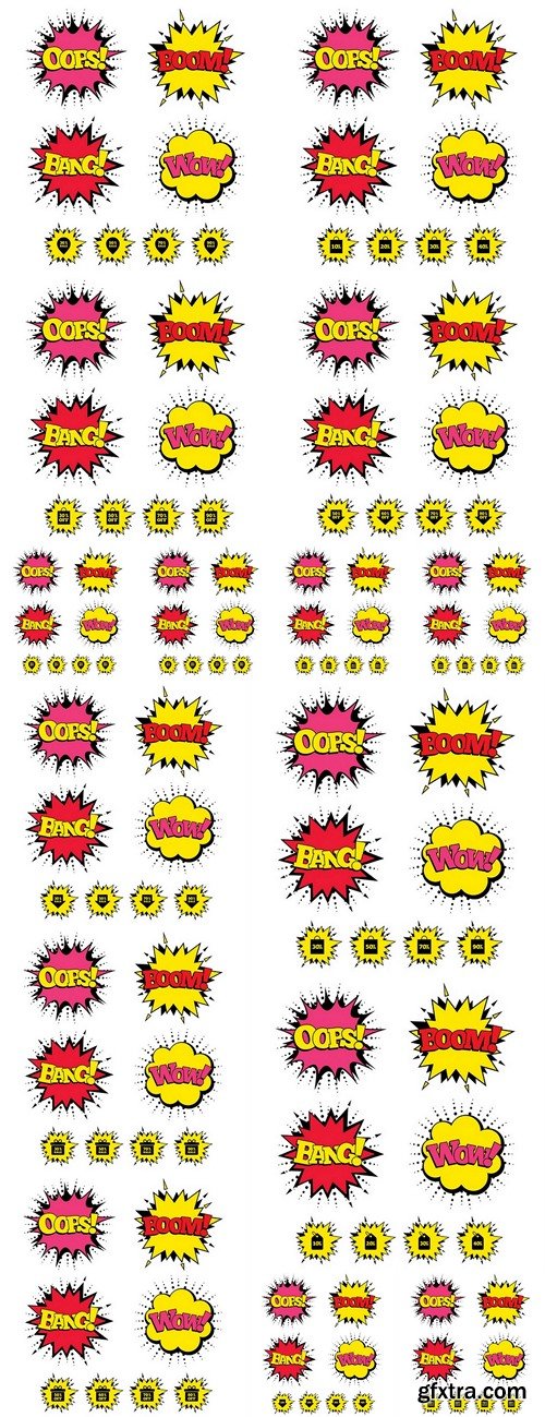 Comic Boom, Wow, Oops sound effects. Sale arrow tag icons. Discount special offer symbols. 50%, 60%, 70% and 80% percent off signs. Speech bubbles in pop art