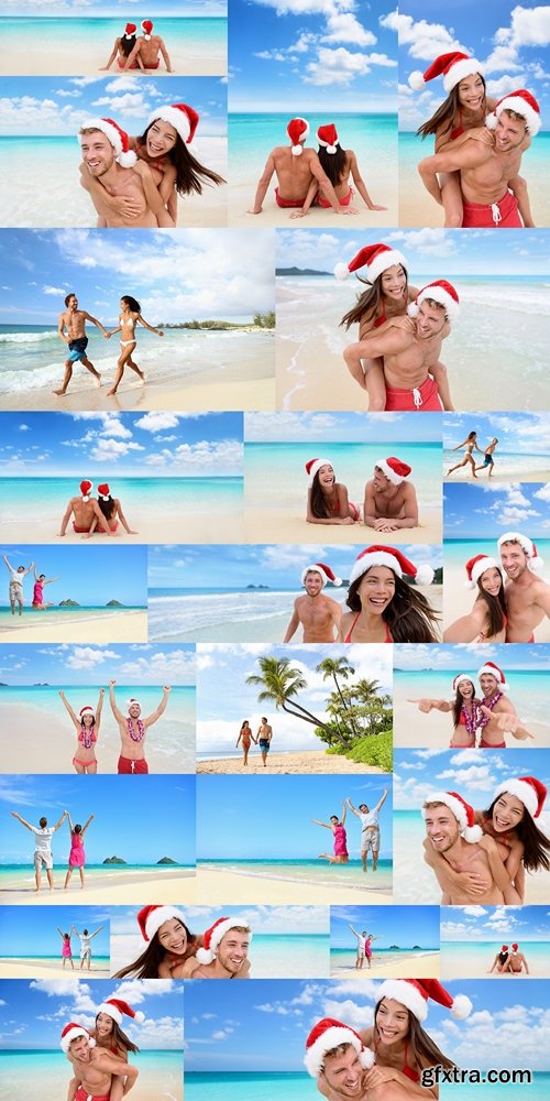 Christmas vacation beach couple banner panorama. Wide paradise beach background with Asian bikini woman having couple fun laughing in christmas santa hat