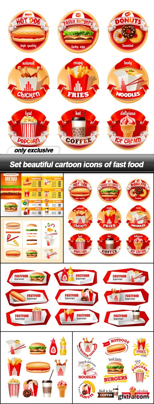 Set beautiful cartoon icons of fast food - 6 EPS
