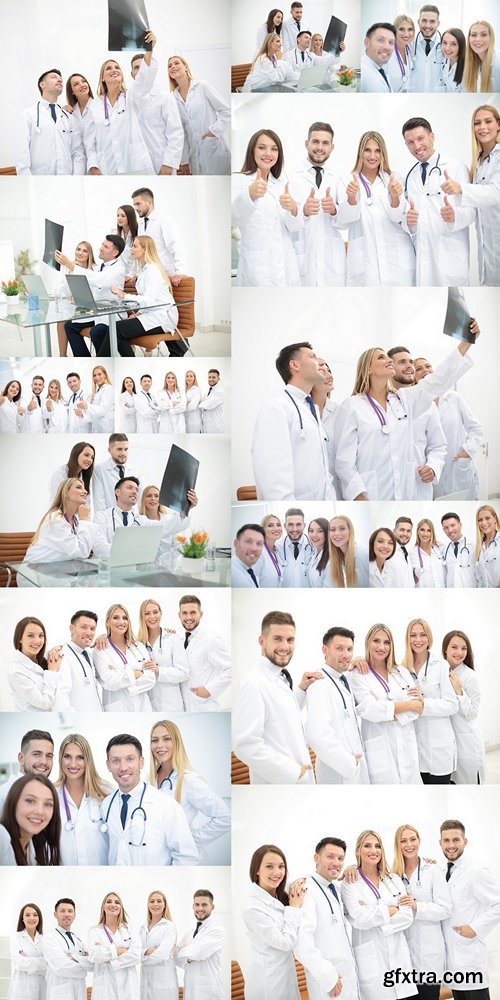 Medical group of young people pointing at something