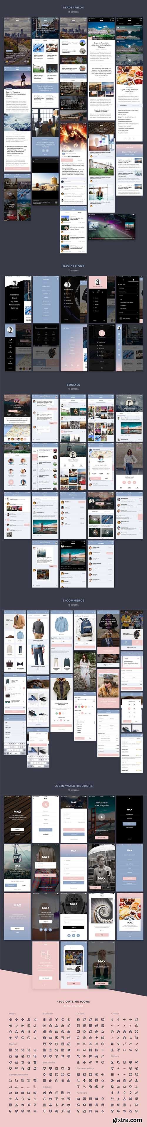 MAX UI Kit - Mobile UI Kit with 300 outline icons & Pantone colors 2016
