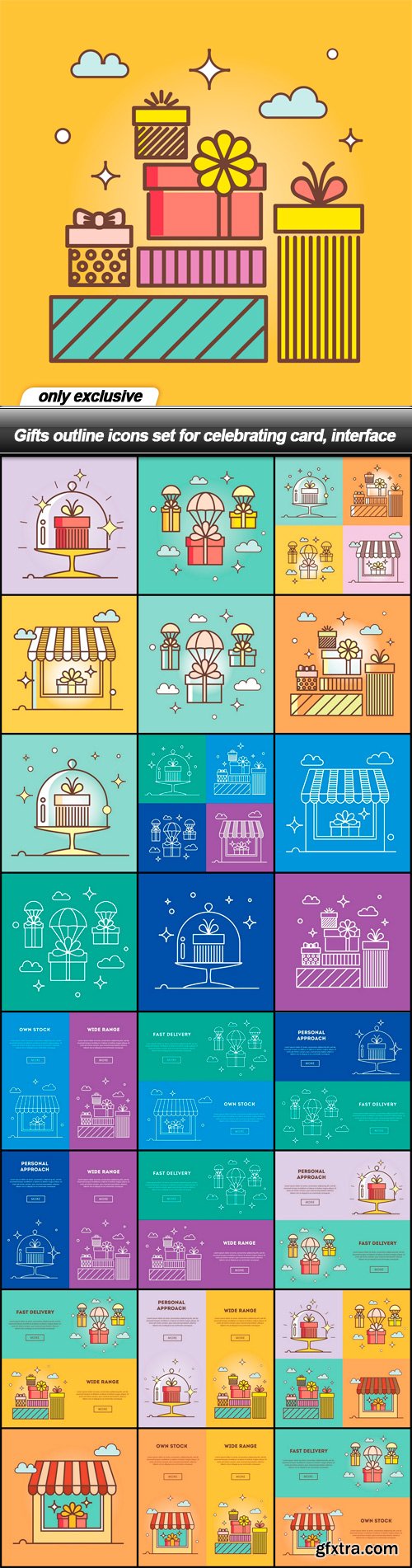 Gifts outline icons set for celebrating card, interface - 25 EPS