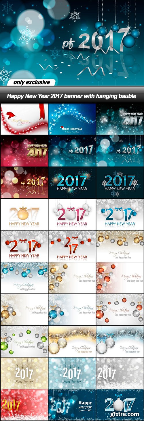 Happy New Year 2017 banner with hanging bauble - 30 EPS