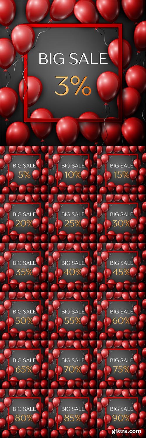 Vector Set - Realistic red balloons with text Big Sale percent Discounts in square red frame over black background