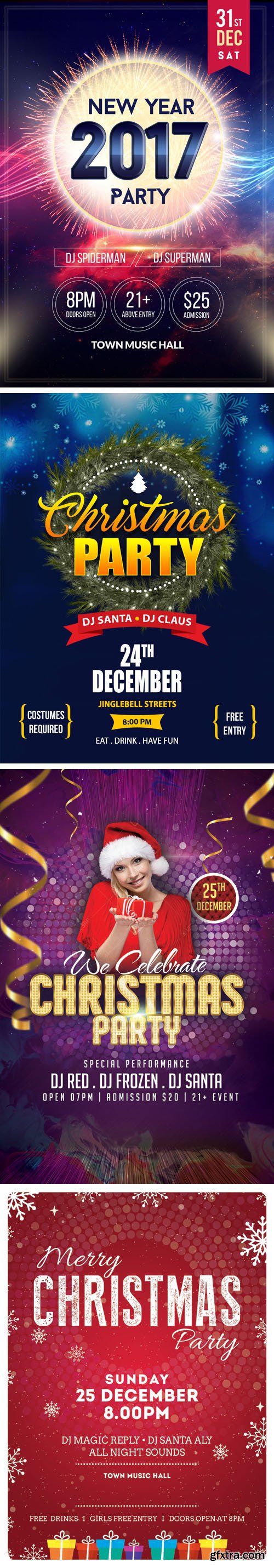 4 Christmas & New Year 2017 Party Flyer Templates PSD