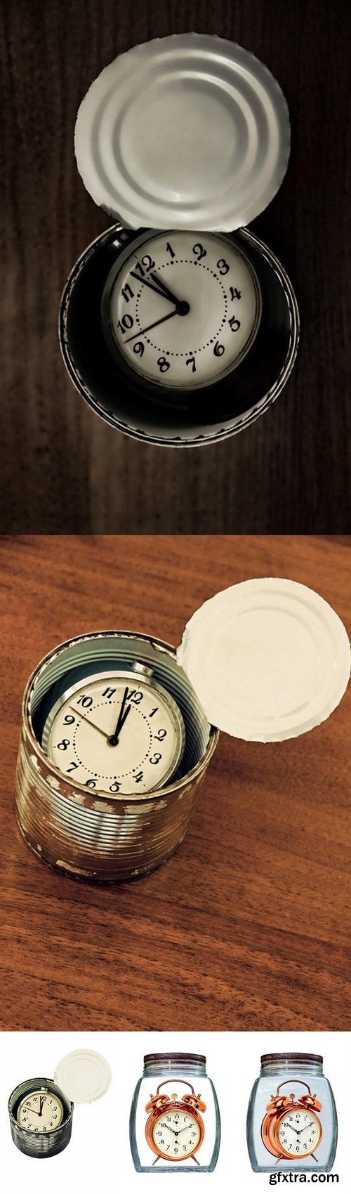 Canned time concept.Retro Golden Alarm Clock preserved in glass jar