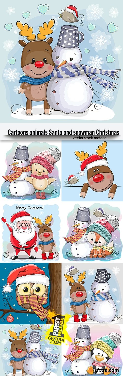 Cartoons animals Santa and snowman Christmas