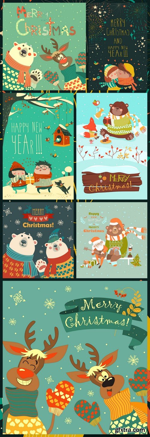 Cartoon Santa with kids Vector greeting card #2 7X EPS