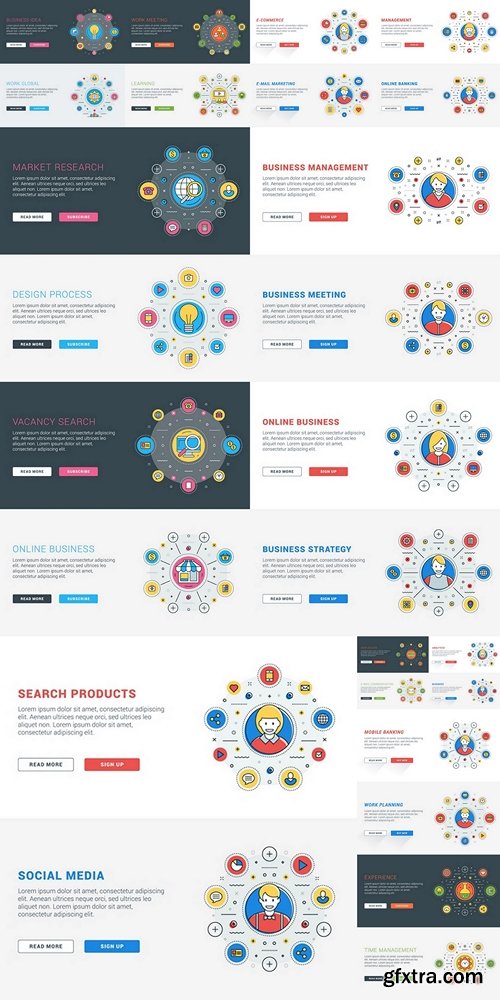 Set of flat line business website banner templates. Vector illustration. Modern thin line icons in circle. Illustration