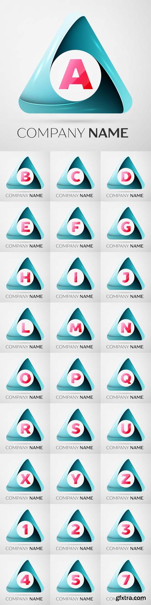 Vector Set - Letters and Numbers logo symbol in the colorful triangle on grey background