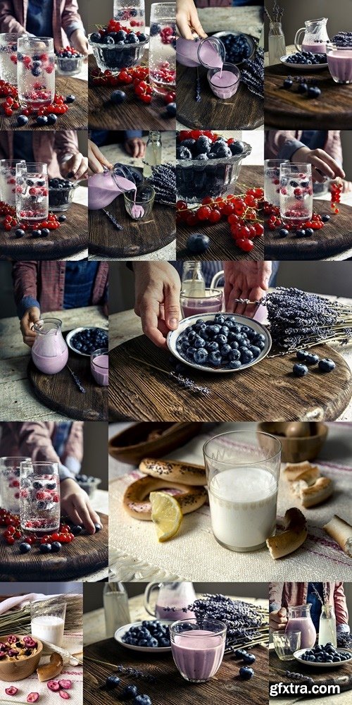 Yogurt in a glass, blueberries, lavender, pitcher. wooden table