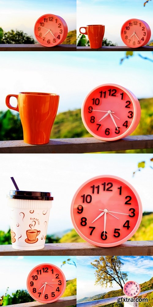 Alarm clock on natural landscape season park with coffee cup