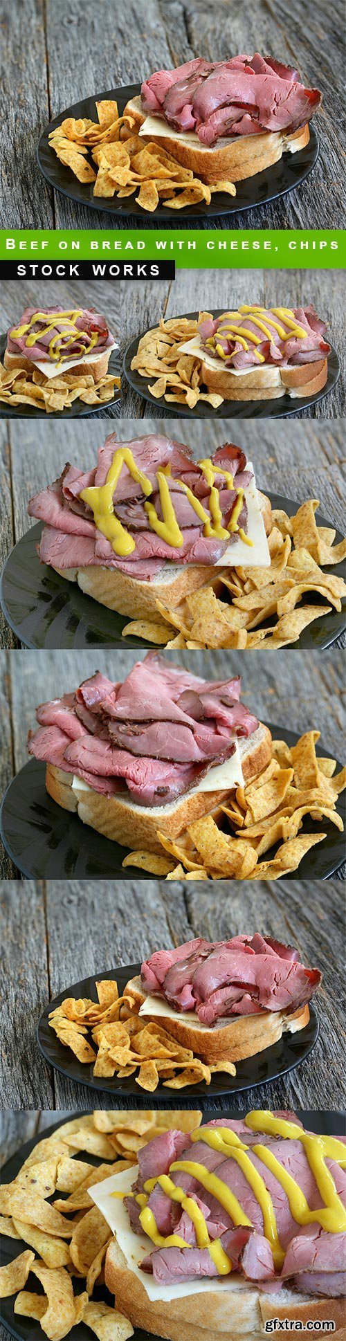 Beef on bread with cheese, chips