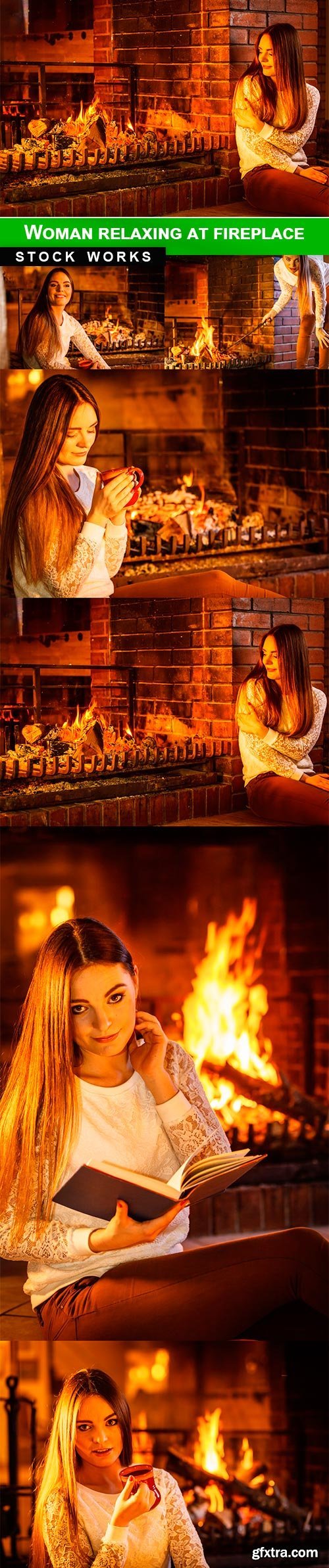 Woman relaxing at fireplace