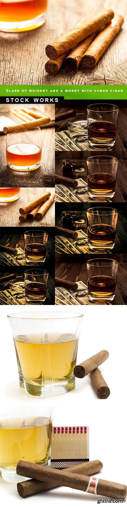 Glass of whiskey and a money with cuban cigar