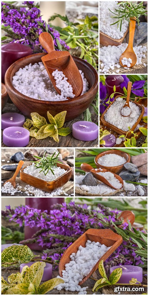 Salt bath in wooden bowl with beautiful flowers and leaves