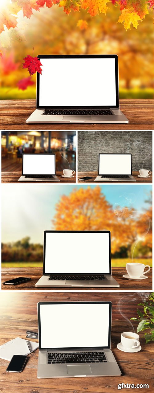 Laptop on different backgrounds, modern technologies
