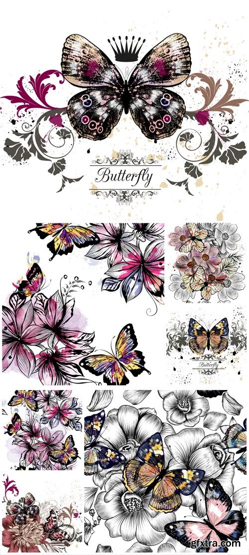 Vector beautiful butterflies and flowers