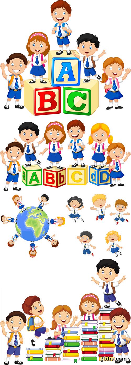 Vector school children and books, cubes with letters