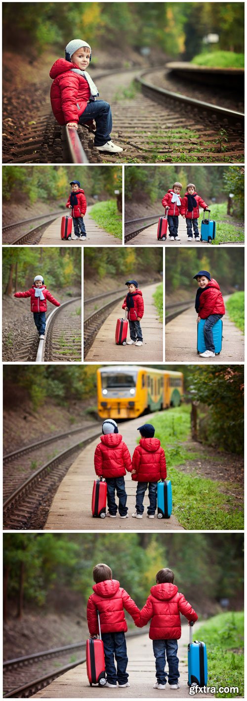Children near the railroad, travel concept