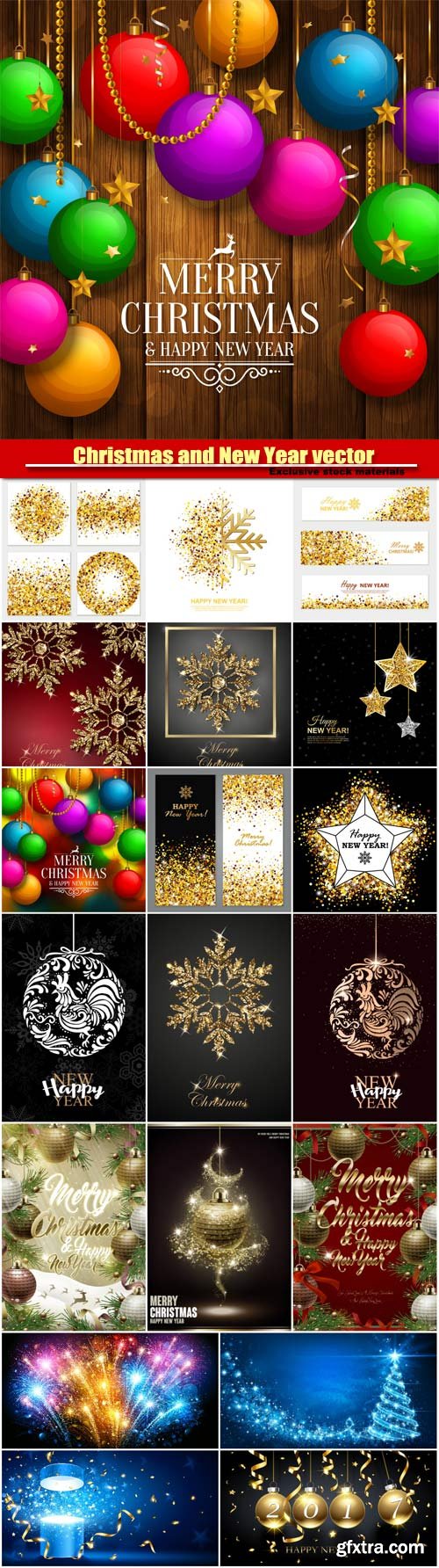 Christmas and New Year vector background, colorful balls, golden stars
