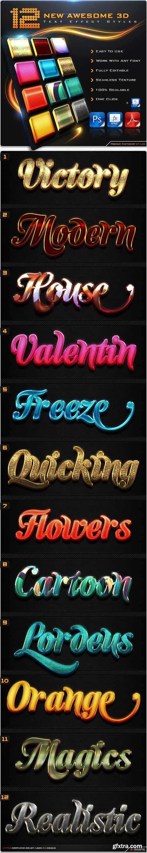 GraphicRiver 8604061 - 12 New Awesome 3D Text Effect Styles + Actions