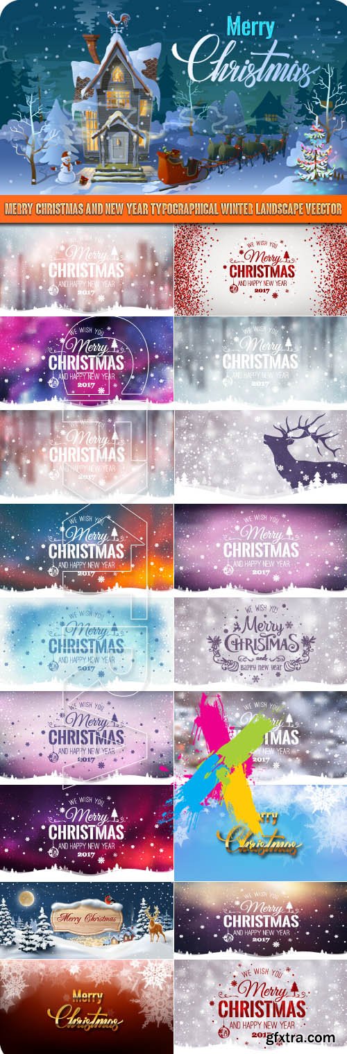 Merry Christmas and New Year typographical winter landscape veector