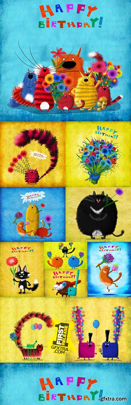 Happy birthday funny cats flower design card