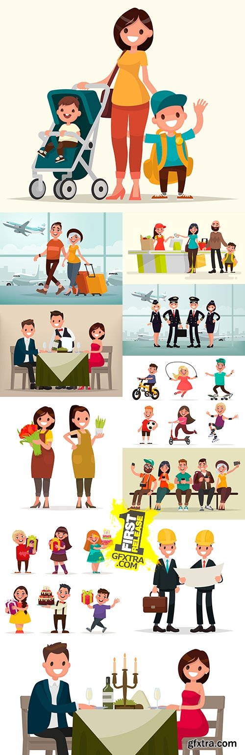Happy people and children on vacation cartoon