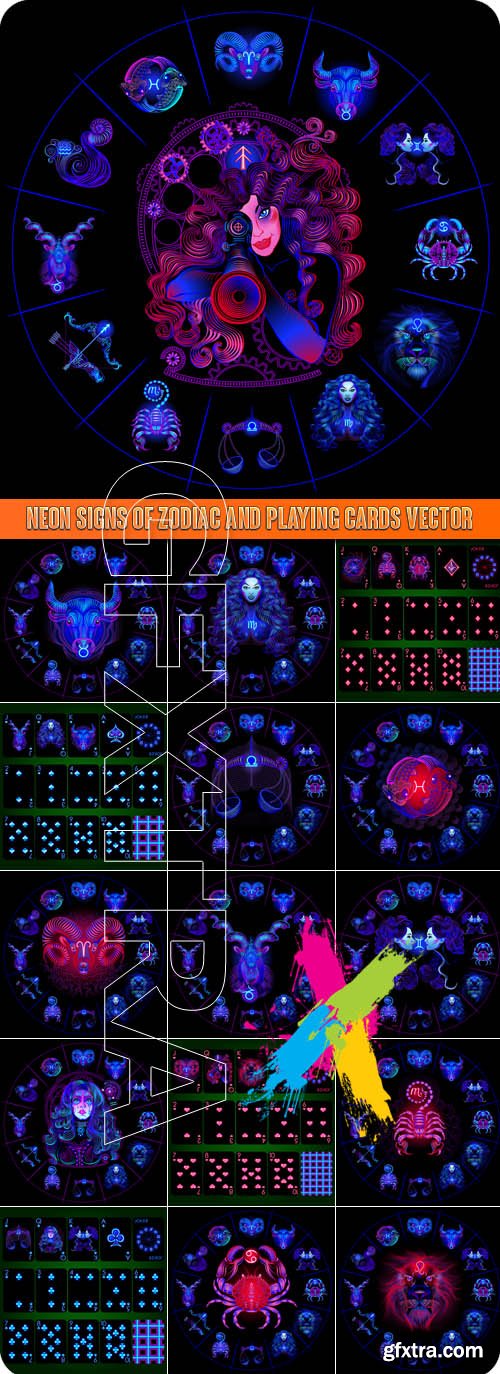 Neon signs of zodiac and playing cards vector
