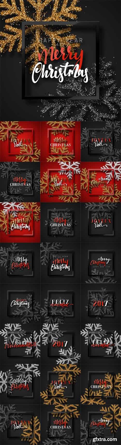 Vector Set - Christmas Background with Beautiful Bright Snowflakes Realistic shine Glitter