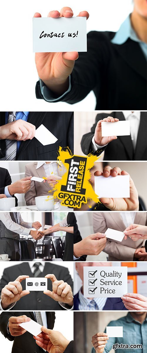 Busines people shaking hands after meeting and changing cards Stock Image