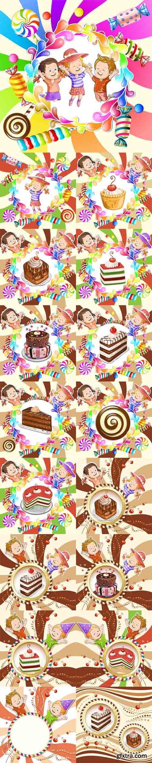 Vector Set - Illustration of Kids with Cake and Candies