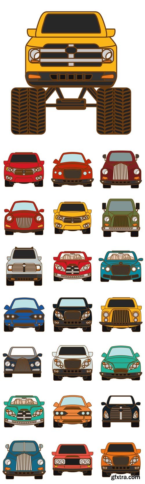Vector Set - Pick up Truck and Sport Car Vehicle Icon Over White Background. Colorful Design
