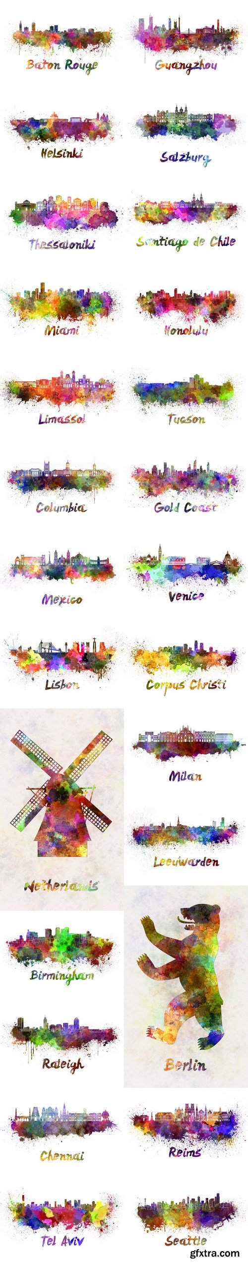 Silhouettes of cities & Skyline in watercolor 2 - Set of 26xUHQ JPEG Professional Stock Images